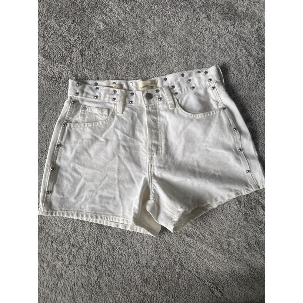 White Studded 90s Baggy Denim Shorts Womens 4 High Rise Punk Relaxed